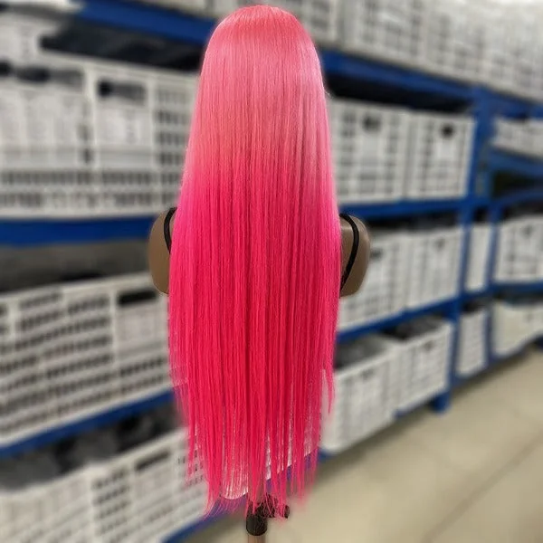 Ombre Pink Straight Human Hair Lace Front Wigs Preplucked with Natural Hairline