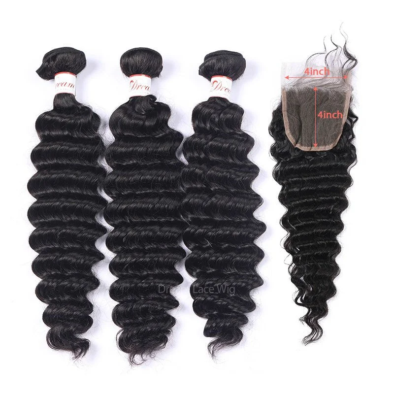 Real HD Lace Natural Color Deep Wave Hair Bundles with 4x4 Lace Closure