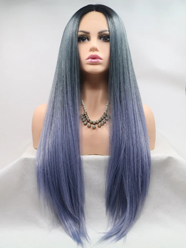 Rooted Gradient Ombre Blue Lace Front Wig 371