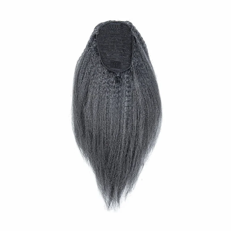 Short Gray Kinky Straight Drawstring Ponytail Salt and Pepper Yaki Clip on Ponytails