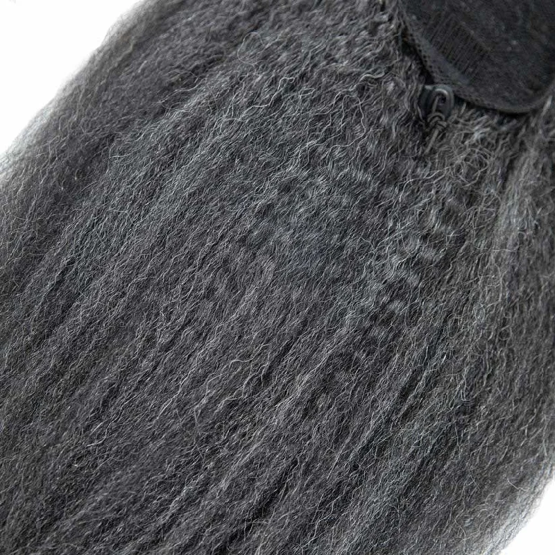 Short Gray Kinky Straight Drawstring Ponytail Salt and Pepper Yaki Clip on Ponytails