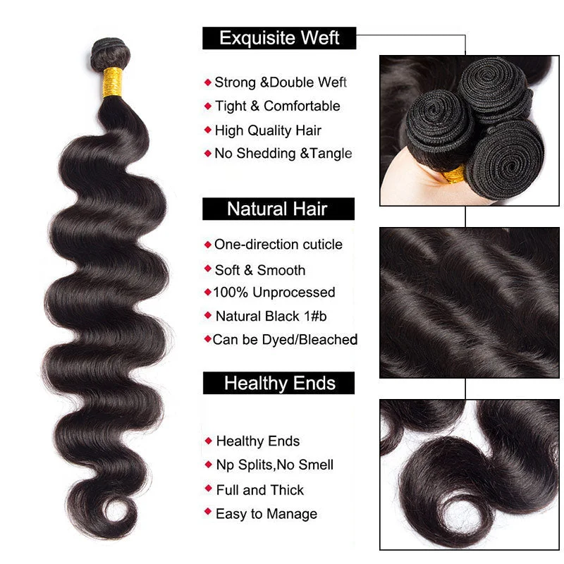 Soul Lady Body Wave Bundles with Closure 10A Grade 100% Human Virgin Hair Brazilian Hair Weave