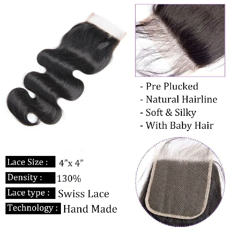 Soul Lady Body Wave Bundles with Closure 10A Grade 100% Human Virgin Hair Brazilian Hair Weave