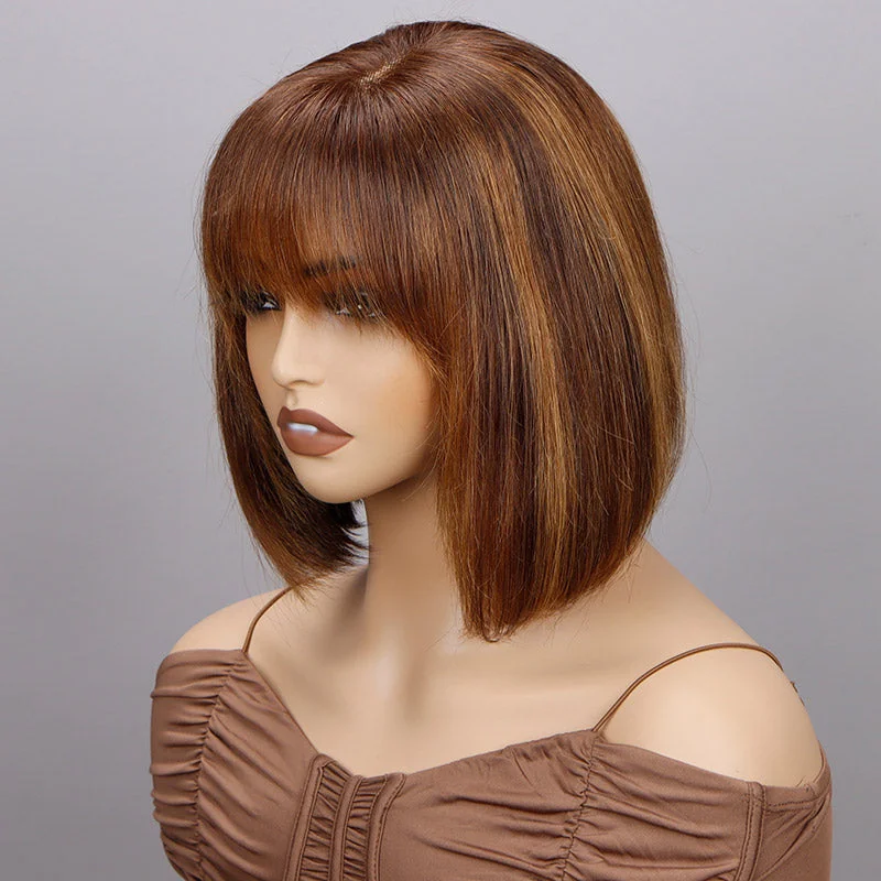 Caramel Brown Highlight Bob Wig With Bangs Short Straight Human Hair Glueless 4x4 Lace Closure Wigs