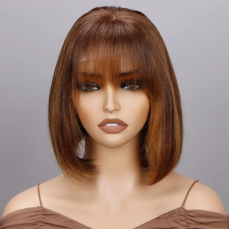 Caramel Brown Highlight Bob Wig With Bangs Short Straight Human Hair Glueless 4x4 Lace Closure Wigs