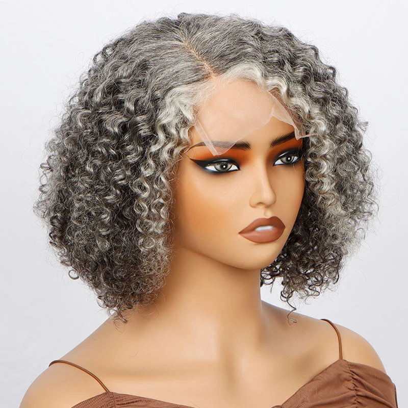 Seniors Salt And Pepper Wig Short Jerry Curly Bob Real Grey Human Hair Lace Wigs For Women