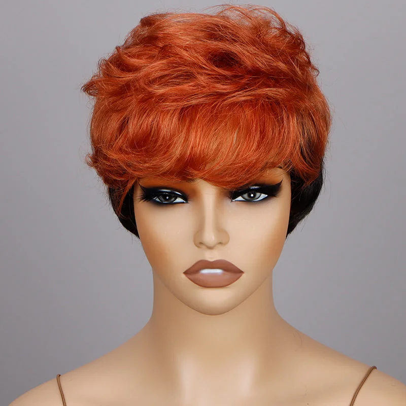 Two-Toned Edgy Pixie Haircut With Orange Layers Natural Wave Human Hair WearGo Glueless Non-Lace Wig