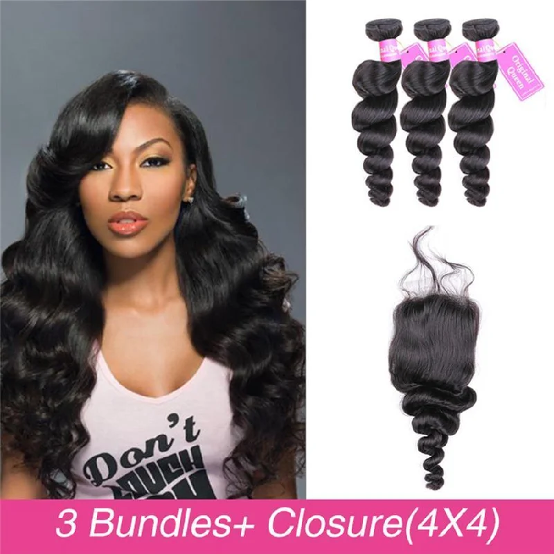 Loose Wave 3 Bundles with 4*4 Lace Closure Human Virgin Hair -OQHAIR