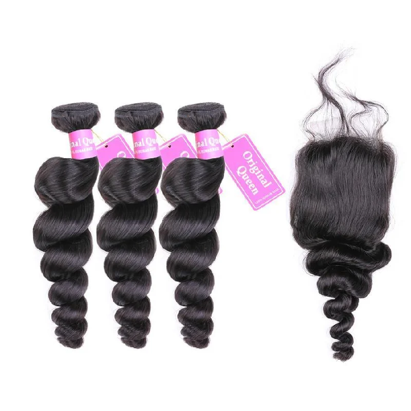 Loose Wave 3 Bundles with 4*4 Lace Closure Human Virgin Hair -OQHAIR