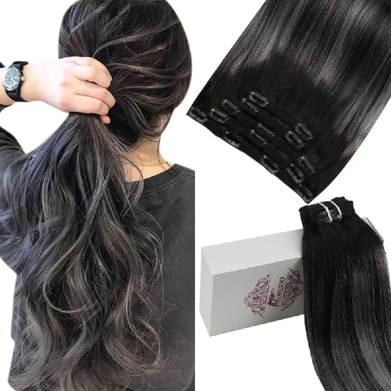 Moresoo Remy Clip In Hair Extensions Double Weft Balayage Black (#1B/Silver/1B)