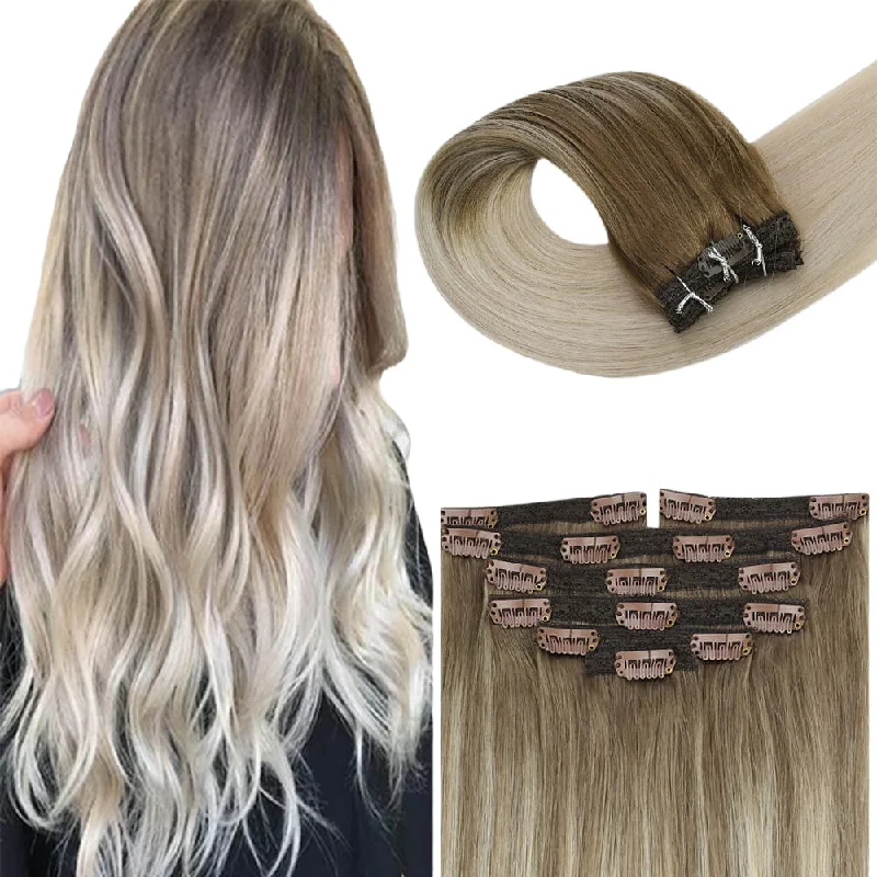 Clip in Human Hair Extensions Balayage Ombre Blonde  #8/60