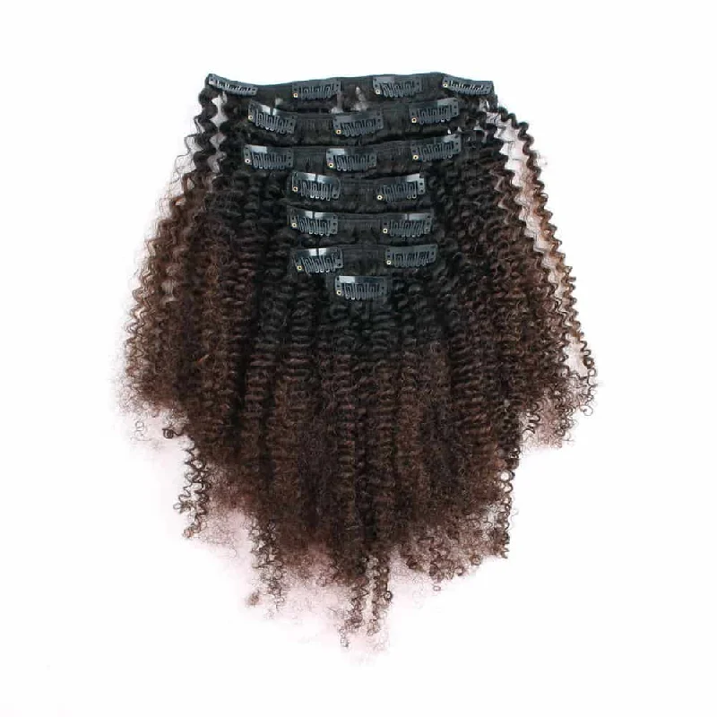 Clip in Hair Extension Afro Kinky Curly Ombre Natural Black to Chocolate Brown