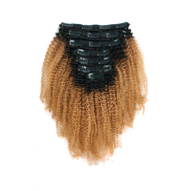 Clip in Hair Extension Afro Kinky Curly Ombre Natural Black to Strawberry Blonde