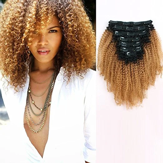 Clip in Hair Extension Afro Kinky Curly Ombre Natural Black to Strawberry Blonde