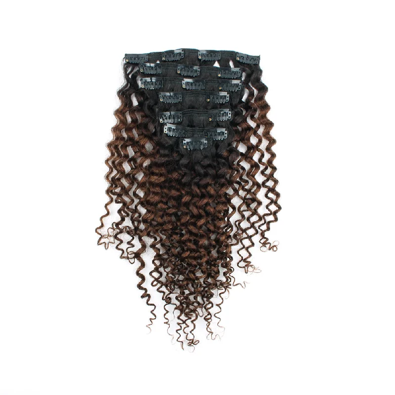 Clip in Hair Extension Jerry Curl Ombre Natural Black to Chocolate Brown