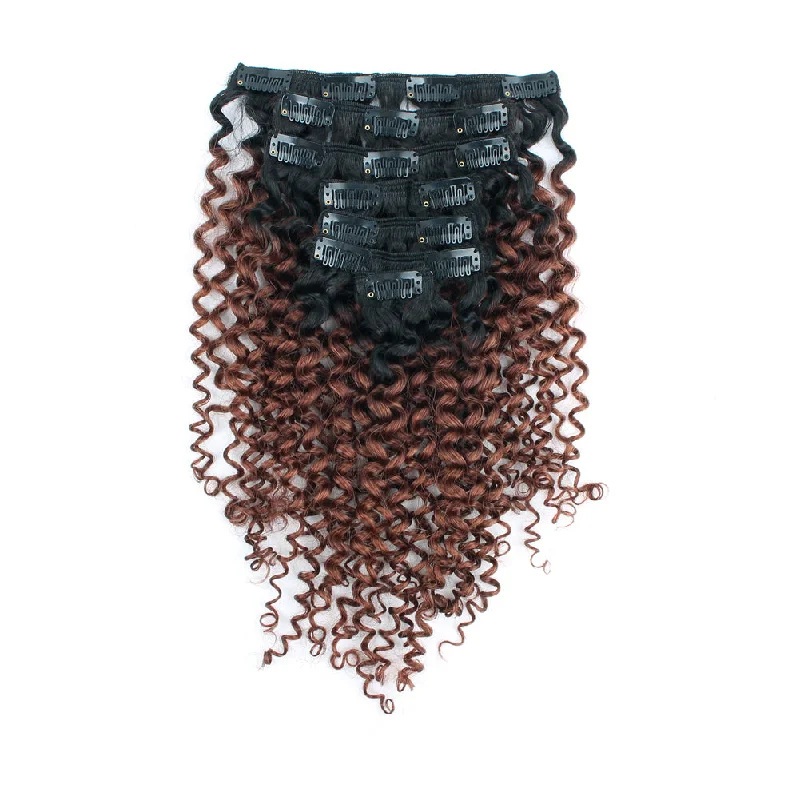 Clip in Hair Extension Jerry Curl Ombre Natural Black to Dark Auburn