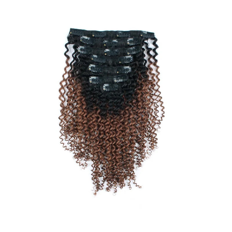 Clip in Hair Extension Kinky Curl Ombre Off Black to Light Auburn