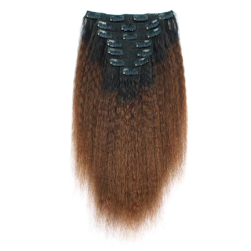 Clip in Hair Extension Kinky Straight Ombre Natural Black to Chocolate Brown