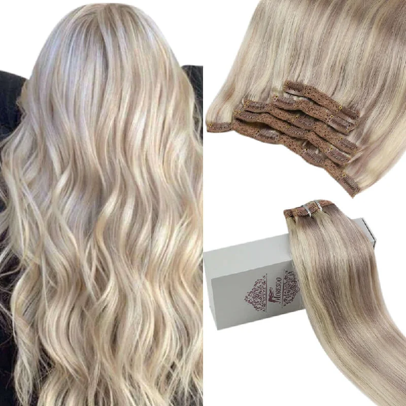 Moresoo Remy Full Head Clip In Human Hair Extensions Highlight Blonde(#18/613)