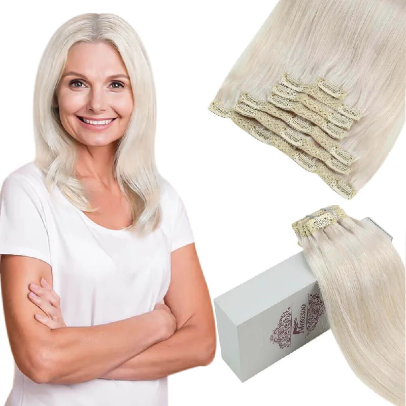 Moresoo Double Weft Clip In Remy Human Blonde Brazilian Hair Extension(#60A)