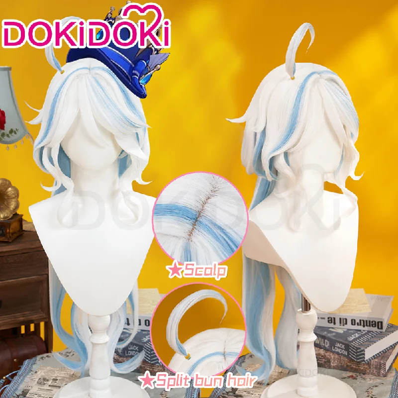 DokiDoki Game Genshin Impact Cosplay Fontaine Focalors Wig Long White Blue Curly Furina Wig / Fake Eyelashes / Hat/ Wefts