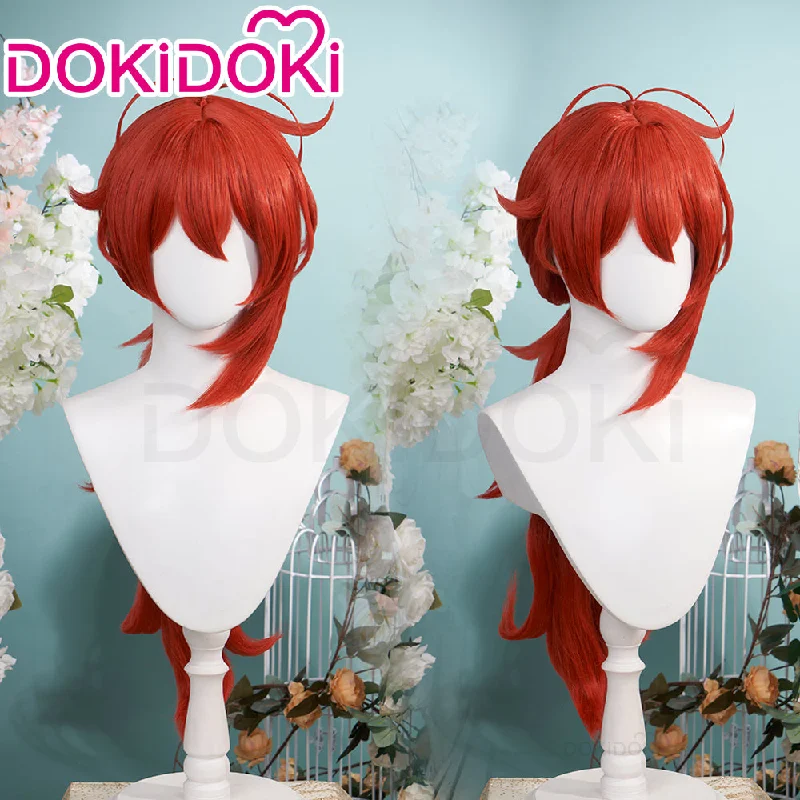 【Ready For Ship】DokiDoki Game Genshin Impact Cosplay Diluc Wig Men Long Red