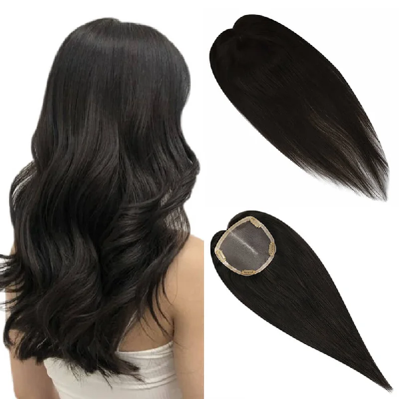 [150% High Density Upgrade] Remy Clip in Lace Made Crown Large Hair Topper Hand-Made Darkest Brown Hair Without Bangs (#1b)