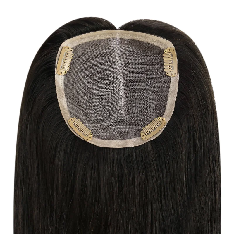 [150% High Density Upgrade] Remy Clip in Lace Made Crown Large Hair Topper Hand-Made Darkest Brown Hair Without Bangs (#1b)