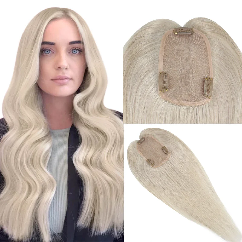 [150% High Density Upgrade] Clip in Crown Medium Hair Topper Hand-Made Hair Piece Platinum Blonde Hair Without Bangs (#60)