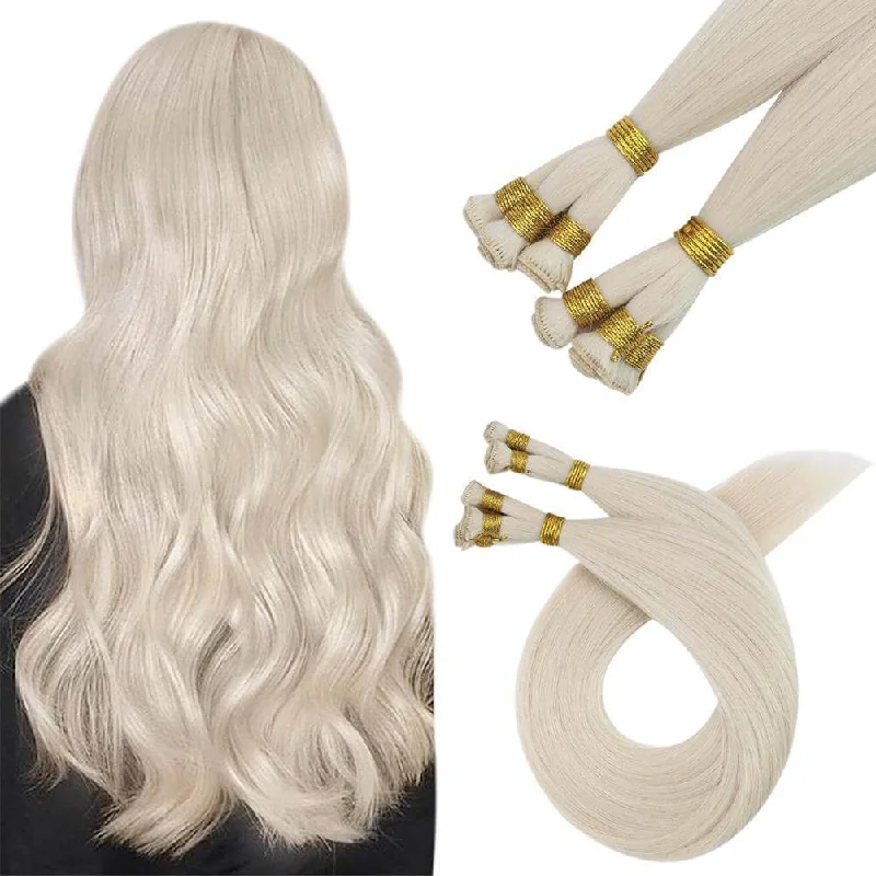 White Blonde Virgin Hand Tied Weft  Extensions Sew in Hair for Thin Hair #1000