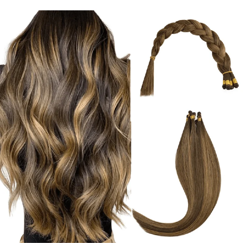 Virgin Hand Tied Human Hair Weft Extensions Balayage Brown with Blonde#DU