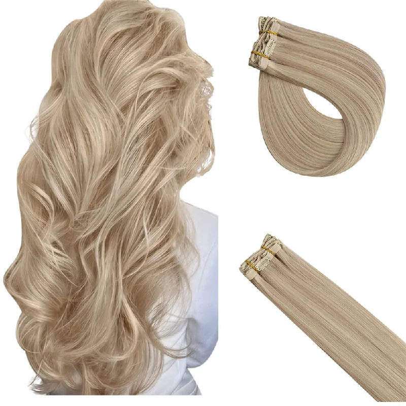 Virgin Human Hair Clip in Extensions Seamless Ash Blonde Highlighted #P18/613