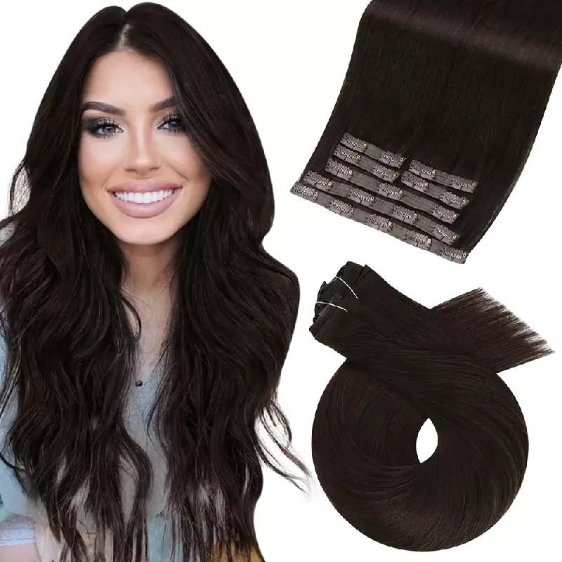 Invisible Clip in Virgin Hair Extensions Human Hair Darkest Brown #2