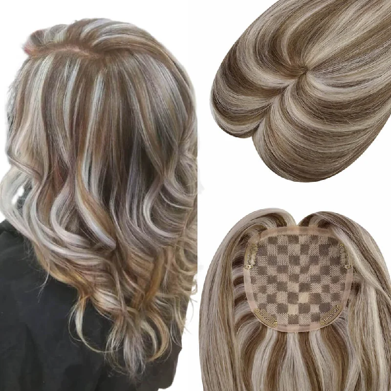 Mono Topper Human Hair Clip in Toupee Highlight Brown with Blonde #P8/60