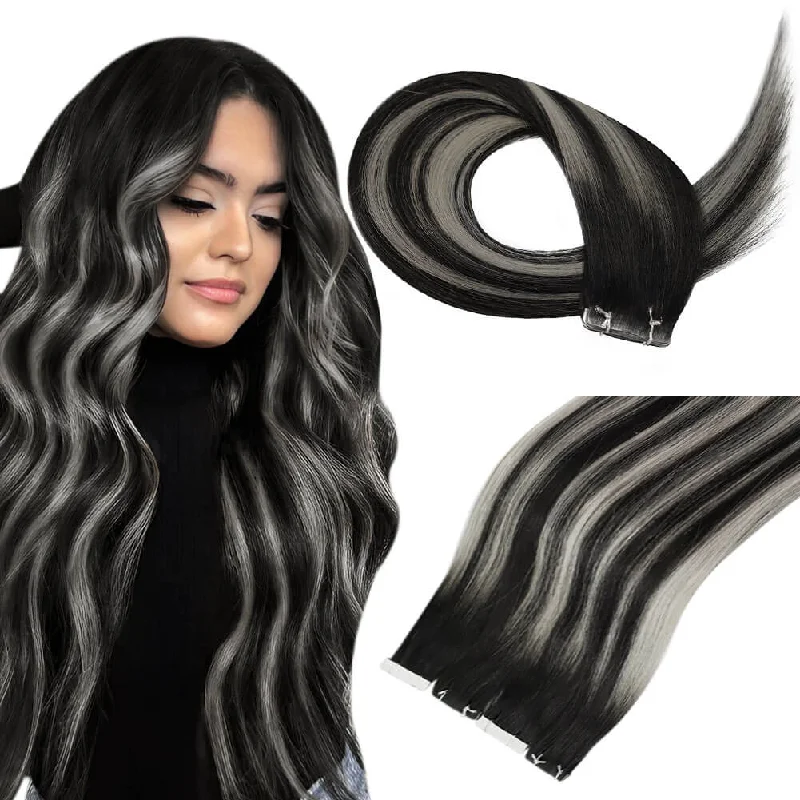 Moresoo Tape In Extensions Real Brazilian Virgin Human Hair Balayage Silver(#1B/S/1B)