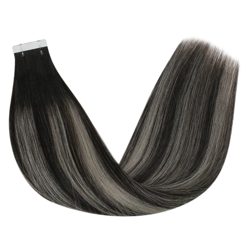 Moresoo Tape In Extensions Real Brazilian Virgin Human Hair Balayage Silver(#1B/S/1B)