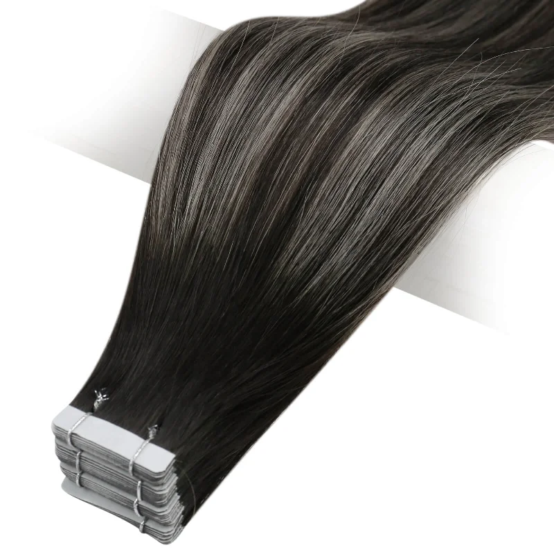 Moresoo Tape In Extensions Real Brazilian Virgin Human Hair Balayage Silver(#1B/S/1B)