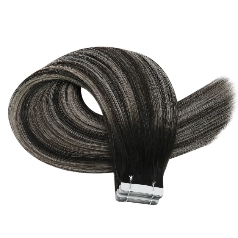 Moresoo Tape In Extensions Real Brazilian Virgin Human Hair Balayage Silver(#1B/S/1B)