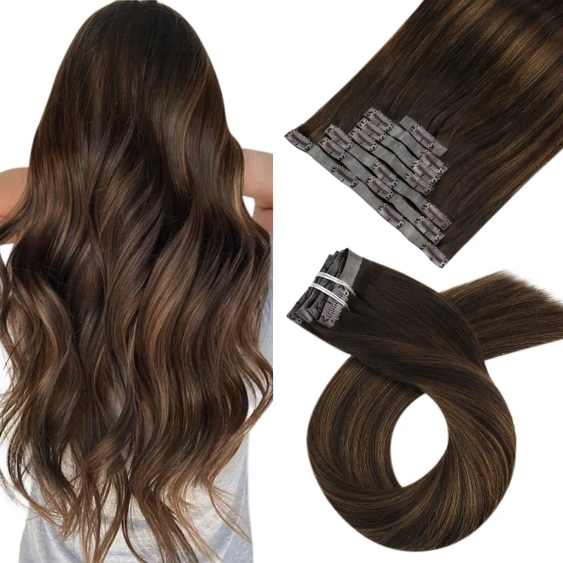 Moresoo Remy PU Clip Ins Human Hair Extensions Balayage Brown(#2/6/2)