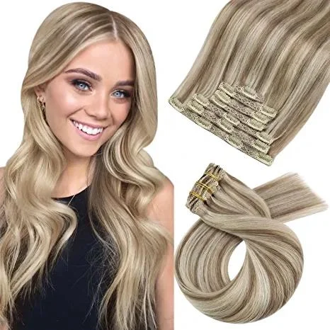 Moresoo Clip in Extensions Real Human Straight Blonde Hair (#P9A/60)