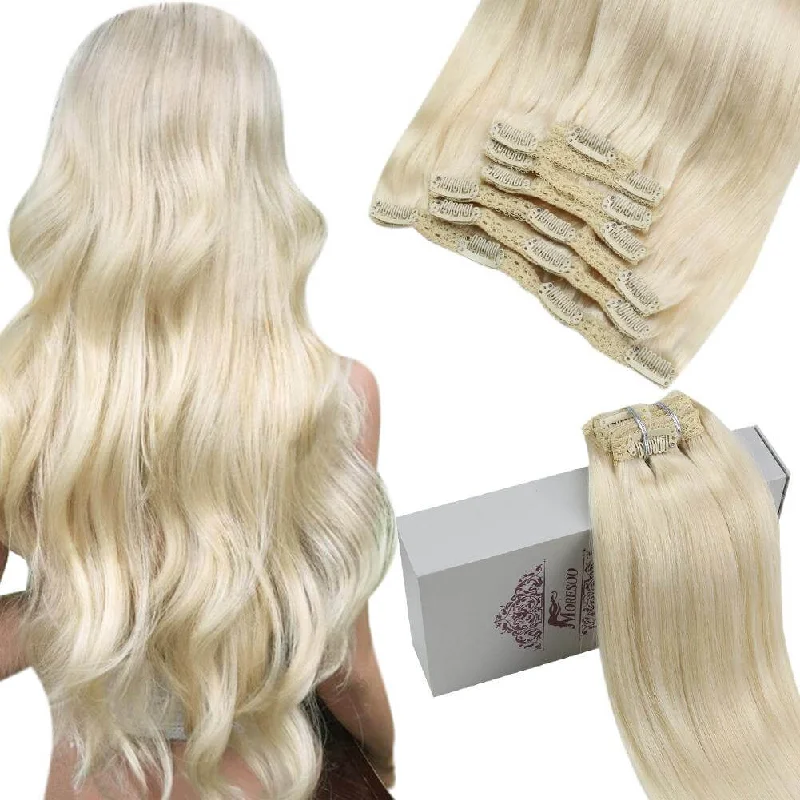 Moresoo Remy Clip In Brazilian Human Hair Extension Platinum Blonde(#60)