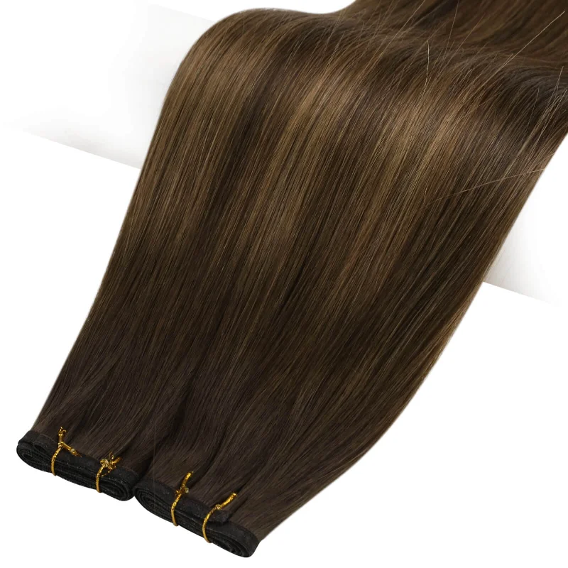 Moresoo Real Bundles Human Hair Extension Virgin Sew In Flat Weft  Balayage Hair (#DU)