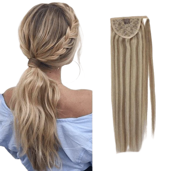 [Ponytail] Clip in Ponytail Human Hair Extensions Blonde Highlighted #18/613