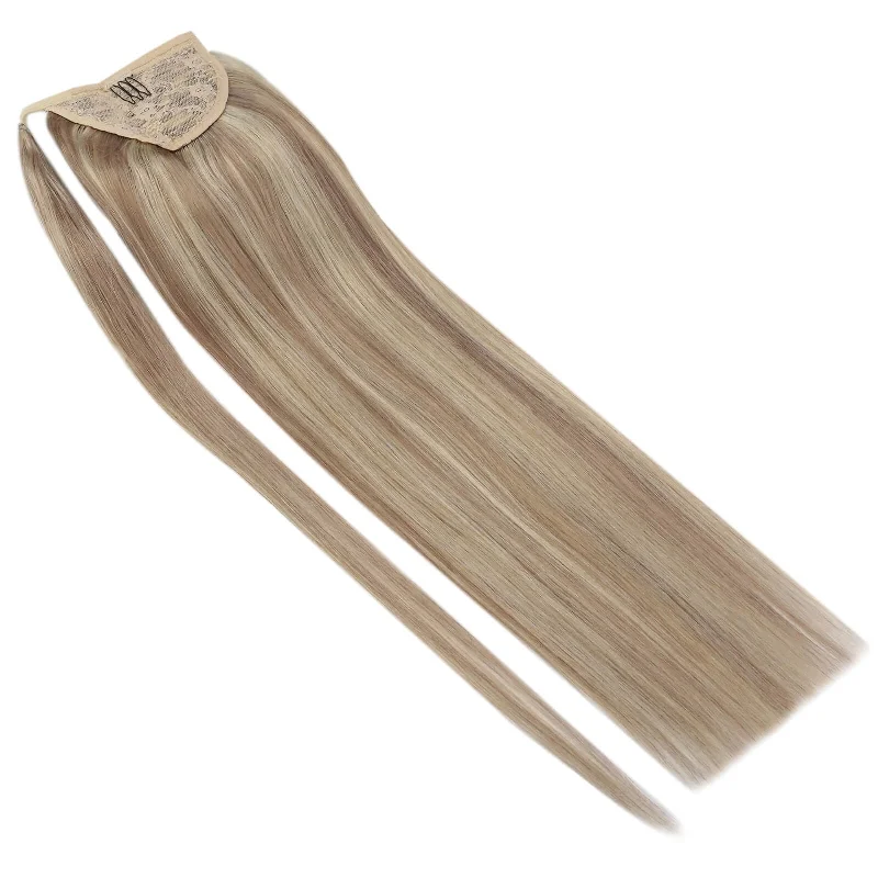 [Ponytail] Clip in Ponytail Human Hair Extensions Blonde Highlighted #18/613