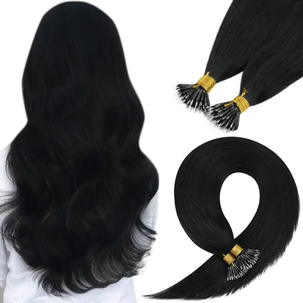 Pre Bonded Nano Ring Black Human Hair Extensions Straight #1