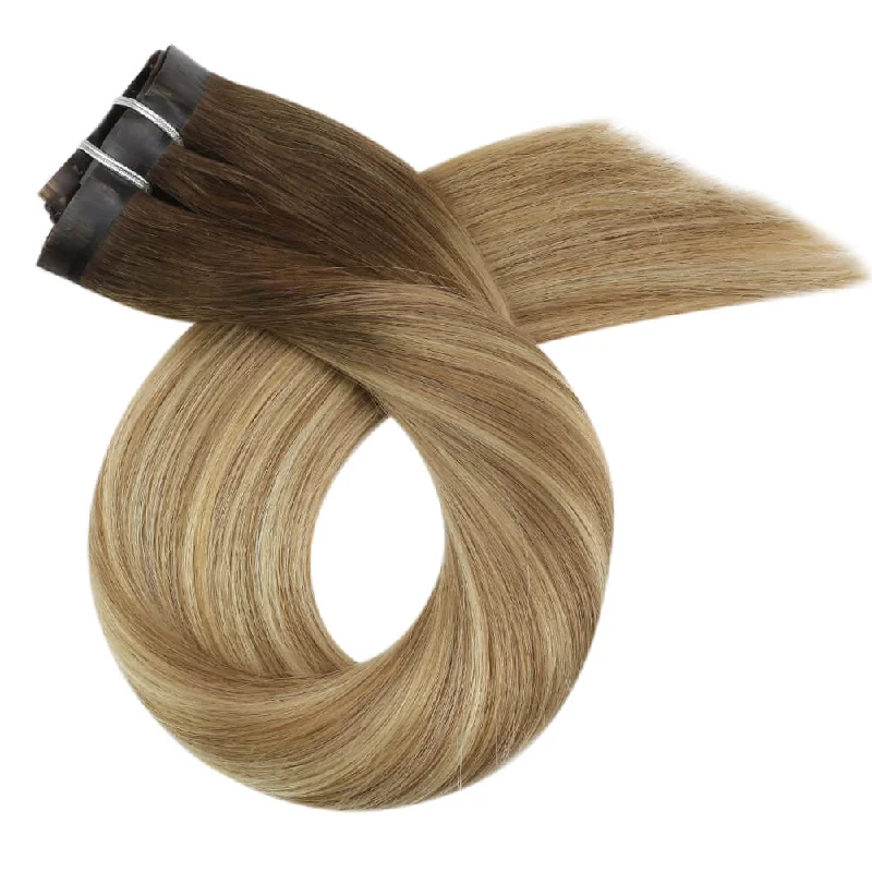 Moresoo Remy PU Seamless Clip In Hair Straight Balayage Brown With Blonde(#3/8/22)