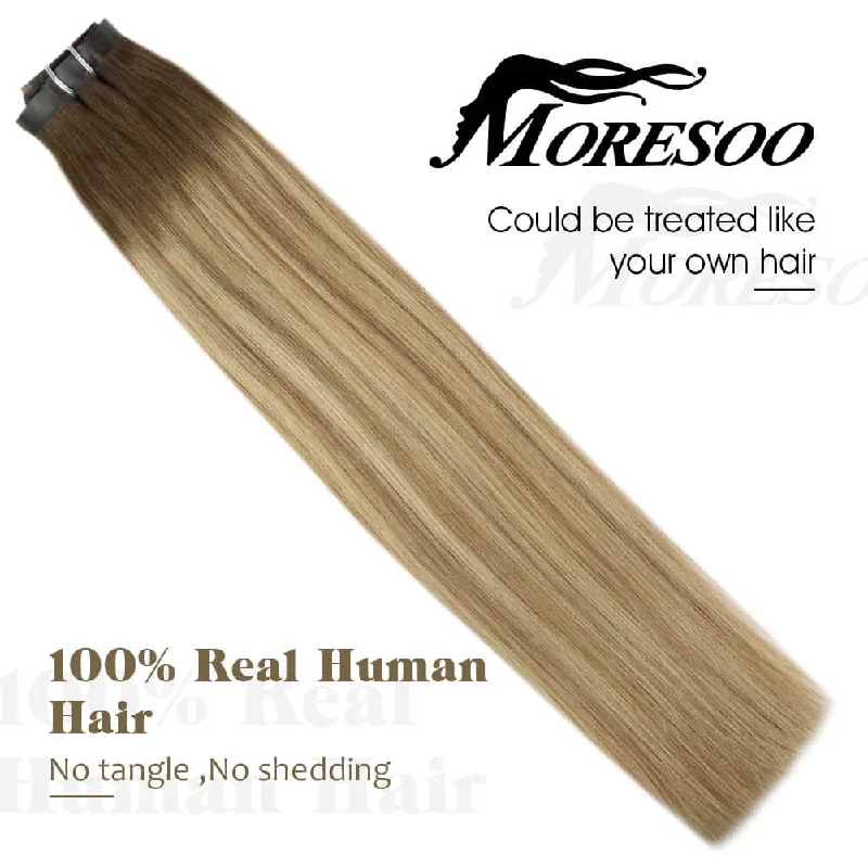 Moresoo Remy PU Seamless Clip In Hair Straight Balayage Brown With Blonde(#3/8/22)