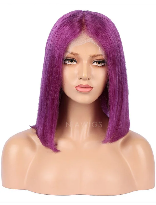 Purple Human Hair Bob Wig Colorful Lace Wigs