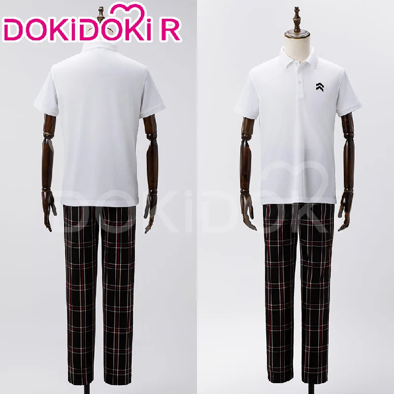 【Size S-2XL】DokiDoki-R Game Cosplay Costume White Polo Shirt Checkered Pants Uniform