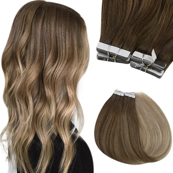 Sunny Hair Tape Extensions Balayage Dark Brown Highlighted Blonde #4/14/60